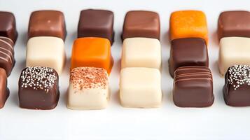 A row of assorted chocolates on a white surface photo