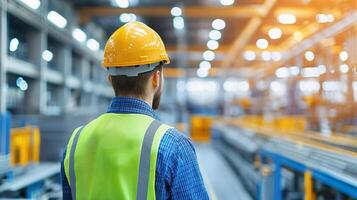 Factory worker supervising automated assembly line, emphasizing consistent quality control photo