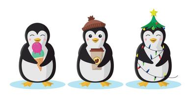 Set of cute penguin icons. Penguin with ice cream, with coffee and in the form of a Christmas tree. vector