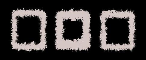 Three unique, textured frames with irregular shapes. Distressed grunge texture with rough, jagged edges. Rough, imperfect borders creating a raw, edgy aesthetic. Grungy, organic feel distressed effect vector