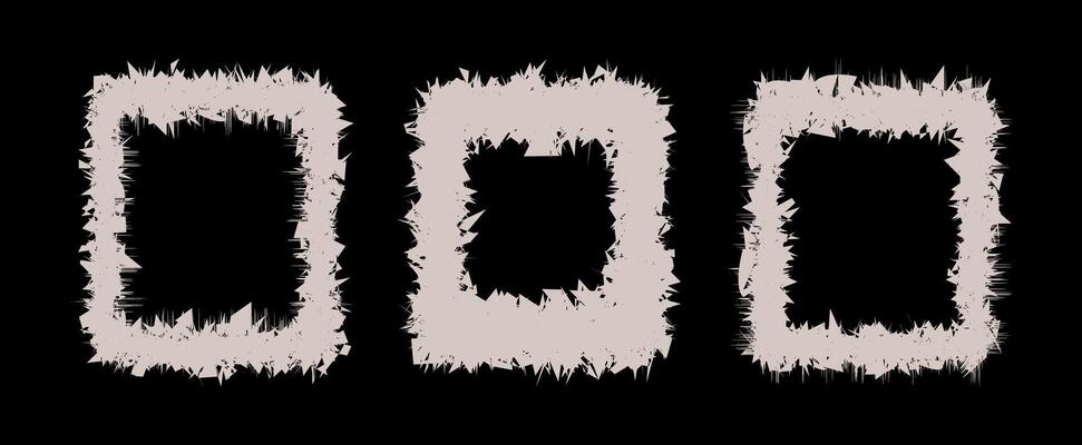 Three unique, textured frames with irregular shapes. Distressed grunge texture with rough, jagged edges. Rough, imperfect borders creating a raw, edgy aesthetic. Grungy, organic feel distressed effect