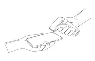 Continuous one line drawing of customer holding smartphone to pay by scanning from cashier, scan QR code to pay concept, single line art. vector