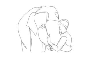 Continuous one line drawing of elephant using trunk to hug young man, wildlife lover concept, single line art. vector