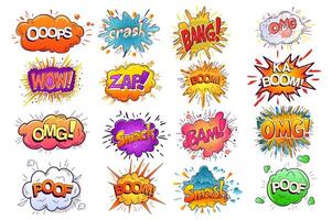 Comic speech bubbles set elements in flat graphic design. Collection of dialogue frames with oops, crash, bang, wow, zap, boom, bam, poof, smash and other expression messages. illustration. vector