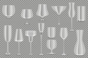 Glass goblets set elements in flat graphic design. Collection of realistic clear transparent glassware for wine, martini, whiskey, champagne and other festive event beverages. illustration. vector