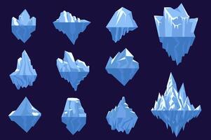 Icebergs set elements in flat graphic design. Collection of different types of frozen floating ice rocks, deep blue polar sea floes, frozen water glaciers with underwater parts. illustration. vector