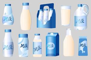 Milk bottle elements in flat graphic design. Collection of different types of dairy drink containers, gallon jug, plastic bottles with lids, cardboard pack with handle, paper box. illustration. vector