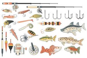 Fishing tools set elements in flat graphic design. Collection of fishing rods with reels, different types of baits, spoons, hooks, bobbers, lures, salmon, trout and other fish. illustration. vector