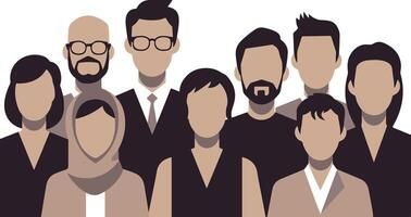 A flat silhouette image of a group of people with diverse appearances vector
