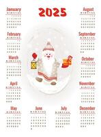 Calendar for 2025 with cute gnome, walking in the snow with a flashlight and a gift. Week starts on Monday. Illustration in vertical format A4, A5. vector