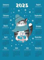 Calendar for 2025 with smart cat sitting with gift. Week starts on Sunday. Illustration in vertical format A4, A5. vector