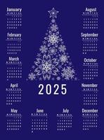 Calendar for 2025, decorated with a composition of snowflakes in the shape of a Christmas tree on blue background. Week starts on Monday. Illustration in vertical format A4, A5. vector