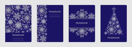 Set of cover designs for notebook, notepad, catalog with white snowflake on blue background. Vertical format A4, A5. vector
