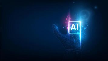 Polygon wireframe hand with Artificial intelligence chip. Abstract digital technology innovation background. vector
