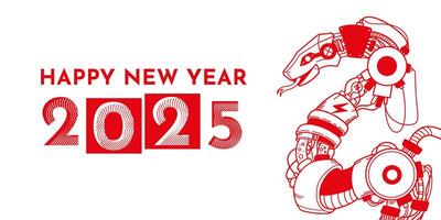 Unique design 2025 new year. Trendy design with snake as symbol of new year. Hand-drawn mechanical snake. Chinese Lunar New Year. Backgrounds, banner, greeting card. doodle illustration. vector