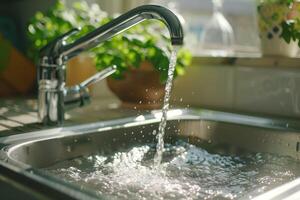 Close-up of a contemporary kitchen sink with clean water flowing from a shiny chrome tap, with natural light. photo