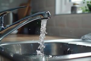 Close-up of a contemporary kitchen sink with clean water flowing from a shiny chrome tap, with natural light. photo