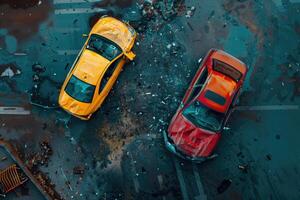 Two cars crash in accident. Top view photo