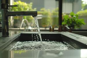 Close-up of a contemporary kitchen sink with clean water flowing from a shiny chrome tap, with natural light. photo