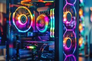 A high-end custom PC gaming setup with vibrant cooling fans and colorful lighting, showcasing modern technology. photo