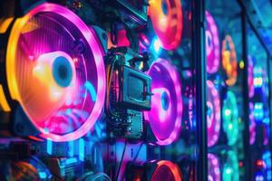 A high-end custom PC gaming setup with vibrant cooling fans and colorful lighting, showcasing modern technology. photo
