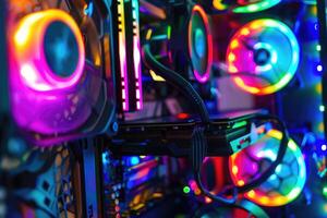 A high-end custom PC gaming setup with vibrant cooling fans and colorful lighting, showcasing modern technology. photo