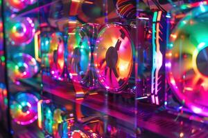 A high-end custom PC gaming setup with vibrant cooling fans and colorful lighting, showcasing modern technology. photo