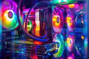 A high-end custom PC gaming setup with vibrant cooling fans and colorful lighting, showcasing modern technology. photo