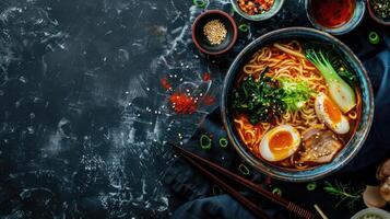 Ramen noodles with vegetables and eggs on a black background photo