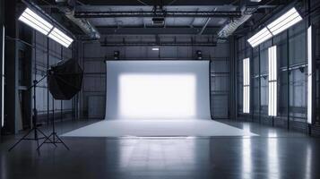 A large empty room with a white backdrop photo