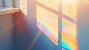 Overlay effect for photo and mockups. Organic drop diagonal shadow and ray of light with rainbow from window on a white wall.
