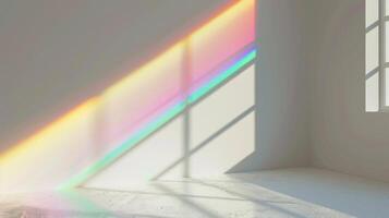 Overlay effect for photo and mockups. Organic drop diagonal shadow and ray of light with rainbow from window on a white wall.