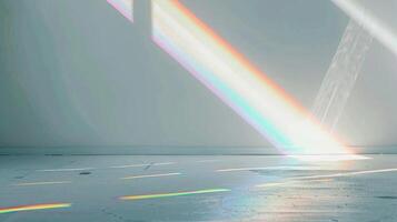 Overlay effect for photo and mockups. Organic drop diagonal shadow and ray of light with rainbow from window on a white wall.