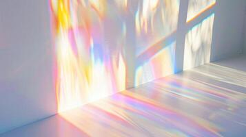Overlay effect for photo and mockups. Organic drop diagonal shadow and ray of light with rainbow from window on a white wall.