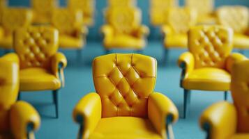 Yellow chairs in a row on a blue background photo