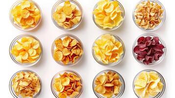 A variety of different types of chips are arranged in bowls photo