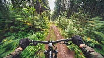 POV perspective of a cyclist with hand on handlebars riding through a forest at speed photo