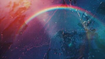 Dust scratches overlay. Old film effect. Blue distressed faded glass with smeared dirt stains colorful rainbow lens flare design. photo