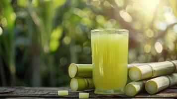 A glass of green juice with some sugar cane photo