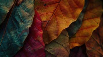 close up of autumn leaves. Multicolored fall leaves. Colorful autumn leaves. Macro leaf texture photo