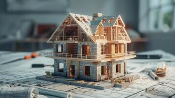 house under construction on blueprints, building project. building house, brick and project for construction industry background photo