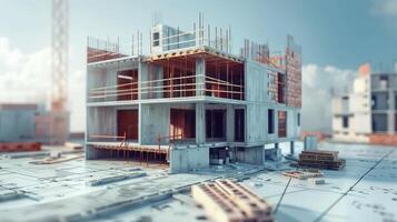 house under construction on blueprints, building project. building house, brick and project for construction industry background photo