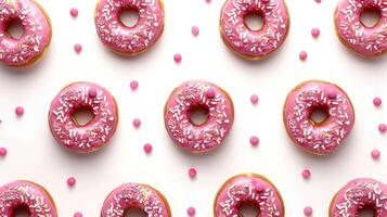 Flat lay donuts pattern isolated on a white background. Top view photo