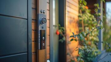 detail of an entrance door to a house with a doorbell with camera. intercom in the entry of a house photo