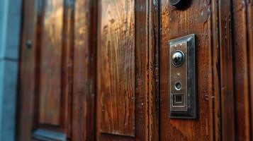 detail of an entrance door to a house with a doorbell with camera. intercom in the entry of a house photo