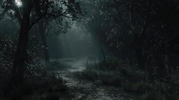 Dark foggy forest with a path through it at night, dramatic dark forest scenery photo
