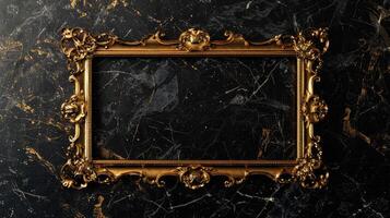 Golden metal frame on black textured background for your artwork, luxury style, space for your text or picture. photo