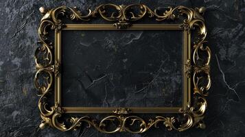 Golden metal frame on black textured background for your artwork, luxury style, space for your text or picture. photo