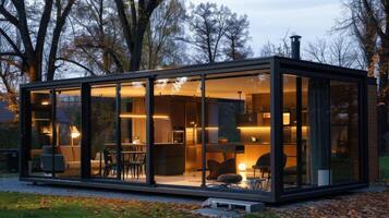Modern Prefab Tiny Home with Glass Walls and Cozy Interior. Prefabricated Home Concept photo