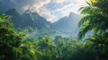 Mysterious jungle, palm trees and mountains at the top of hill with a mountain range around it photo